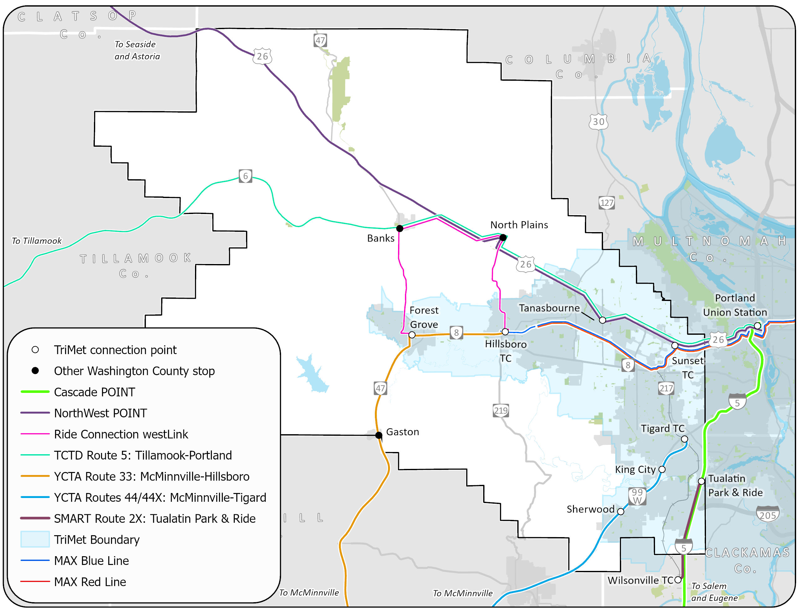 Map showing the transit services by other providers that connect with locations in Washington County.